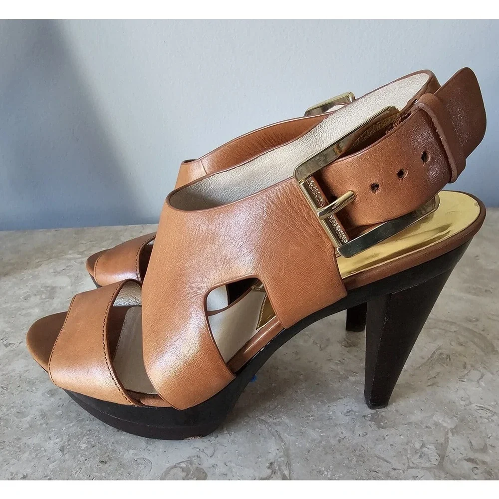 Michael Kors Womens Size 8 Luggage Tan Leather Open Toe Slingback Cone Heels - Picture 3 of 9